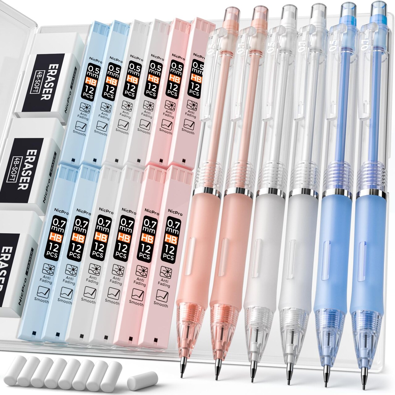23PCS Pastel Mechanical Pencil 0.5 & 0.7 mm with Case for School, with 12 tubes HB Lead Refills, 3 Erasers, 9 Eraser Refills For Student Writing, Drawing, Sketching, Blue & Pink & White Colors